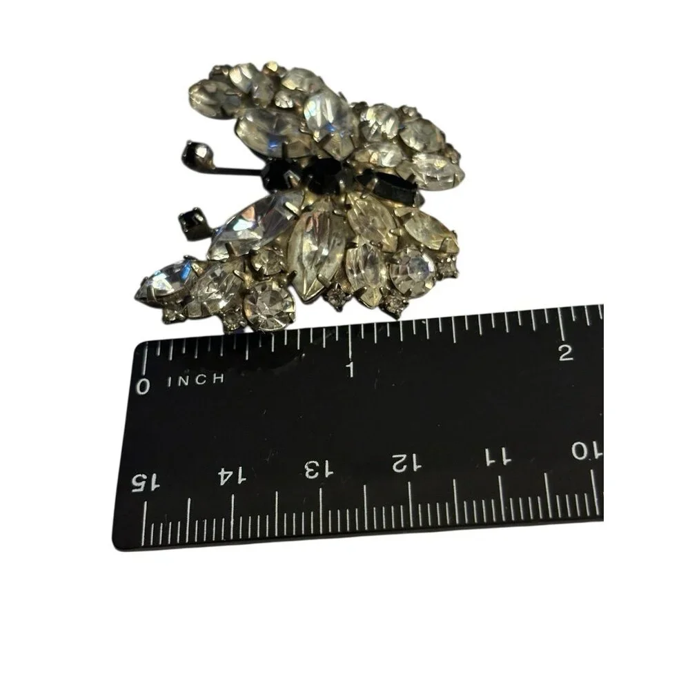 Butterfly Rhinestone Brooch Pin VTG‎ Black & Clear Rhinestones Silver Tone Retro